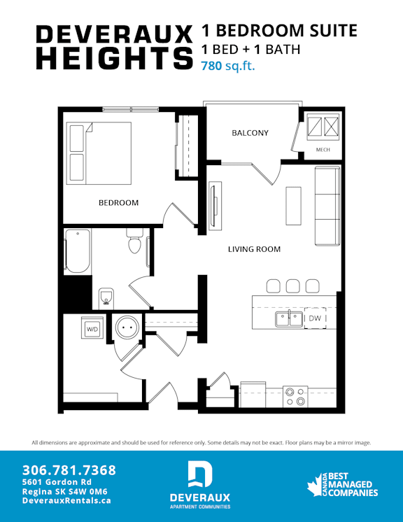 A black and white image of a floor plan for a 1 bedroom suite at Deveraux Heights.