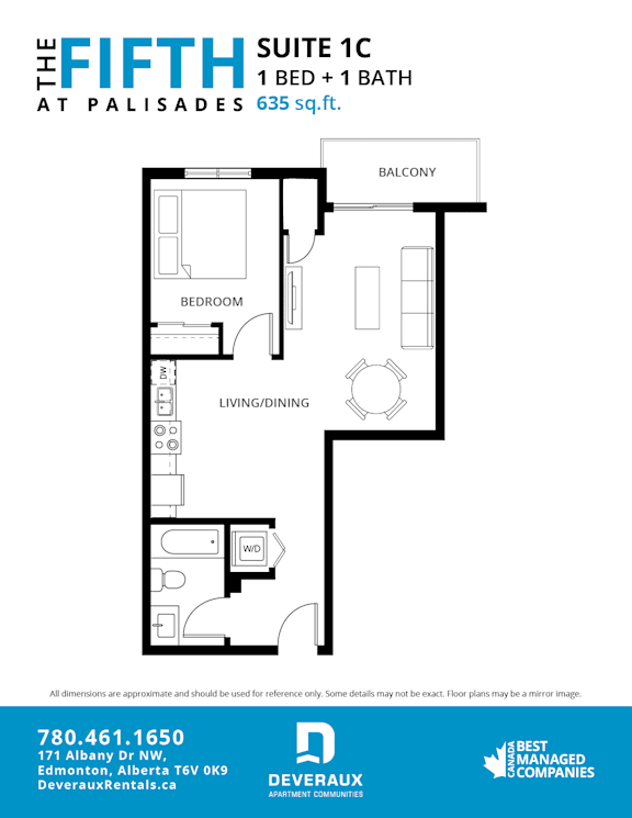 A floor plan for a suite at Palisades shows a bedroom, living/dining area, and a balcony.