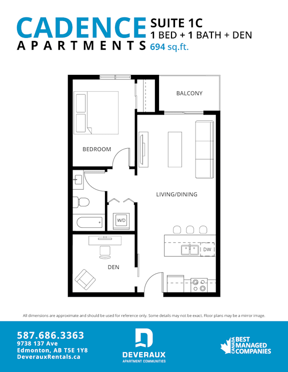 A floor plan for a 1 bedroom, 1 bathroom apartment with a den and living/dining area. at Cadence at Griesbach, Edmonton, AB, T5E 1Y8