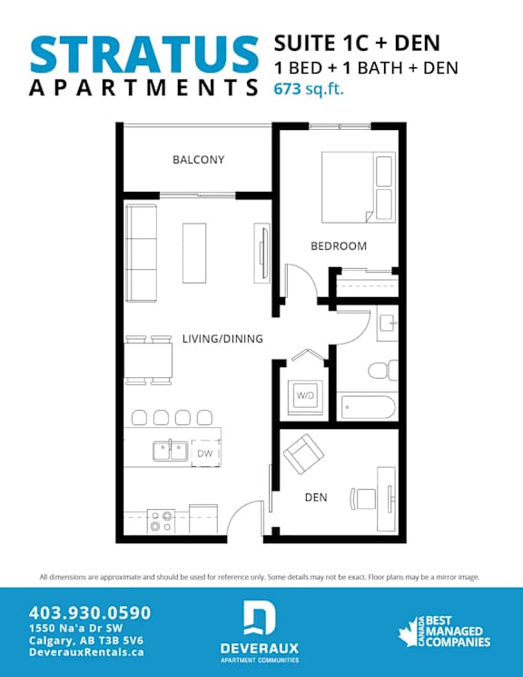 A floor plan for a suite with living and dining area and two bedrooms.