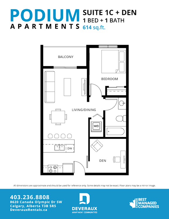 Suite 1C + DEN Floor Plan at Podium Apartments, Calgary, AB