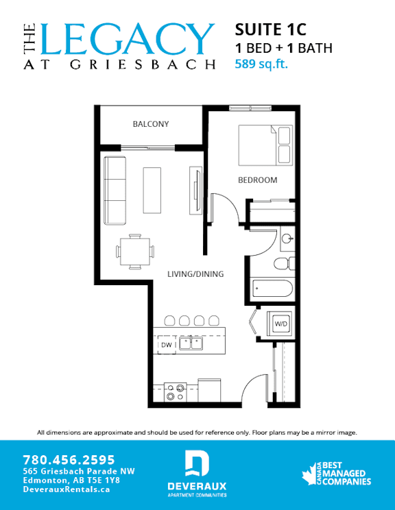 A floor plan for a 1 bedroom and 1 bath suite at The Legacy at Griesbach.