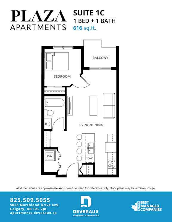 Floor plan for 1 bedroom 1 bathroom suite at Plaza Apartments, Calgary
