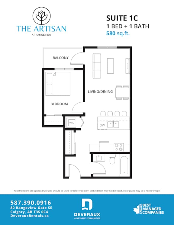 Suite 1C Floor Plan with a balcony, bedroom, and living/dining area.at The Artisan at Rangeview, Calgary, Alberta