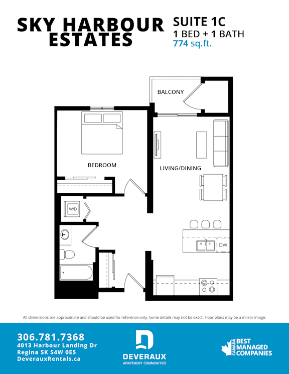 A floor plan for the Sky Harbour Estates Suite 1C, which includes a bedroom, living/dining area, and a balcony.