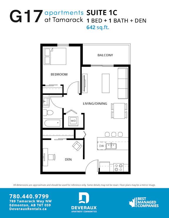 1 Bedroom 1 Bathroom Floor Plan at G17 Apartments at Tamarack, Edmonton