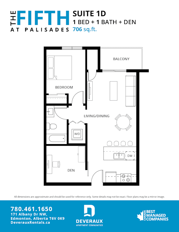 A floor plan for a suite at Palisades shows a bedroom, living/dining area, and den.