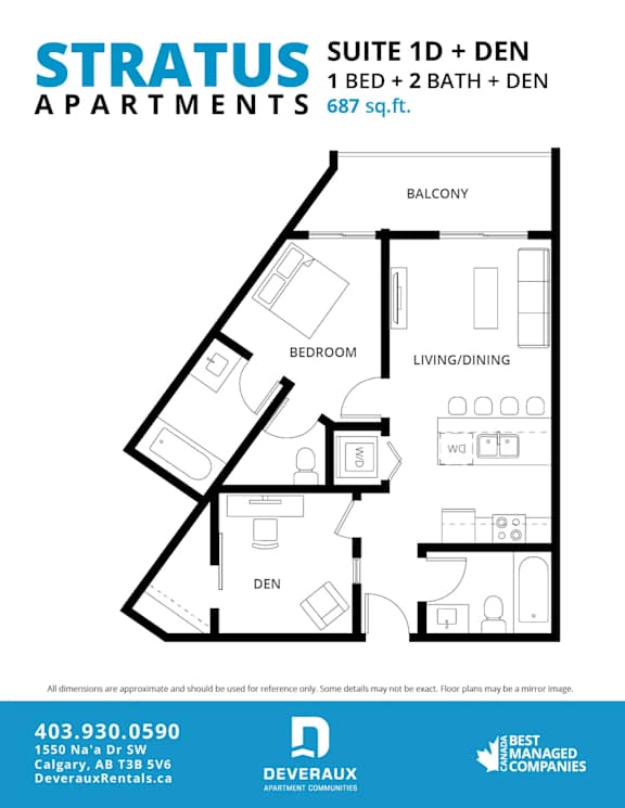 A floor plan for a suite with one bedroom and den.