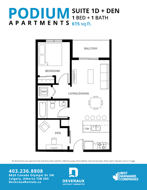 Suite 1D + DEN Floor Plan at Podium Apartments, Alberta, T2E 7J2