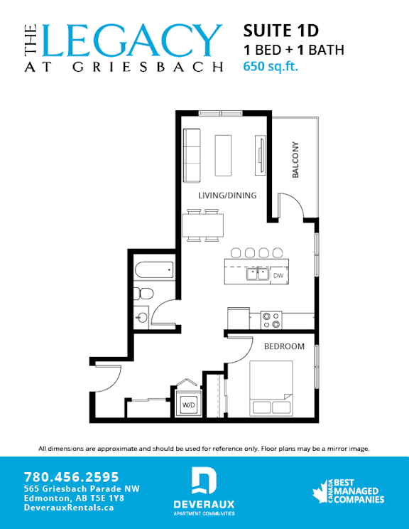 A floor plan for a suite at The Legacy in Griesbach, showing a living/dining area, a bedroom, and a balcony.