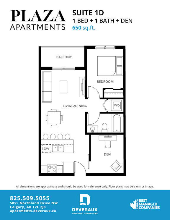 One bedroom den floor plan 650 square feet at Plaza Apartments, Alberta