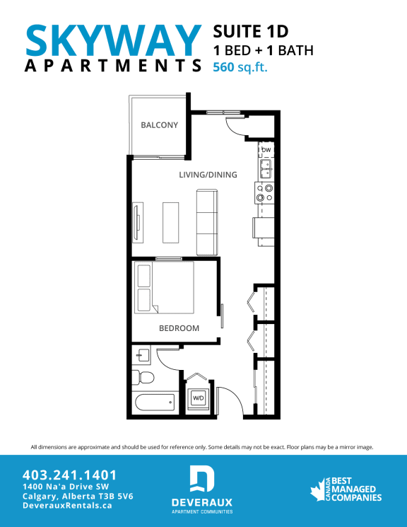 1d Floor Plan at Skyway Apartments, Calgary, AB T3B 5V6