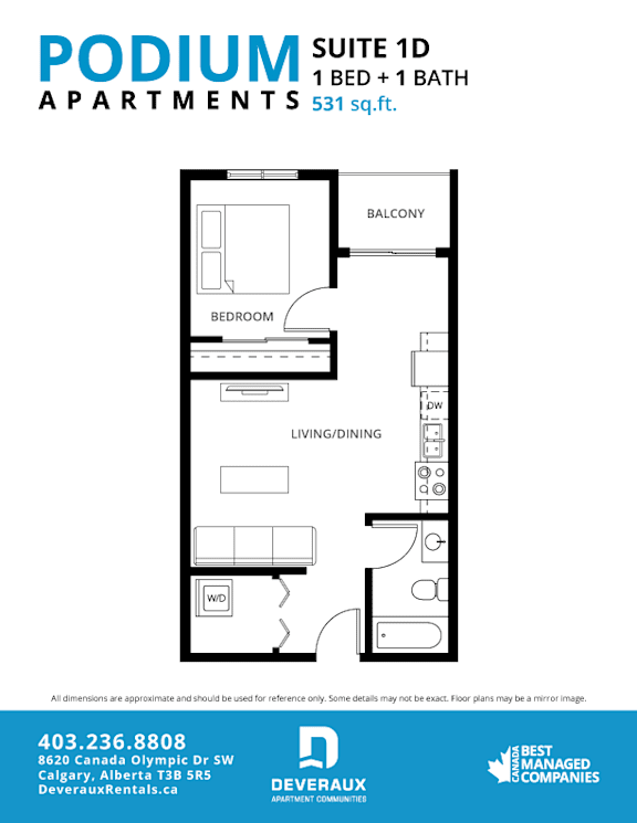 Suite 1D Floor Plan at Podium Apartments, Calgary, T2E 7J2