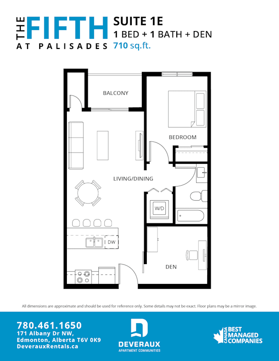 A floor plan for a suite at the Palisades showing a balcony, bedroom, living/dining area, and den.
