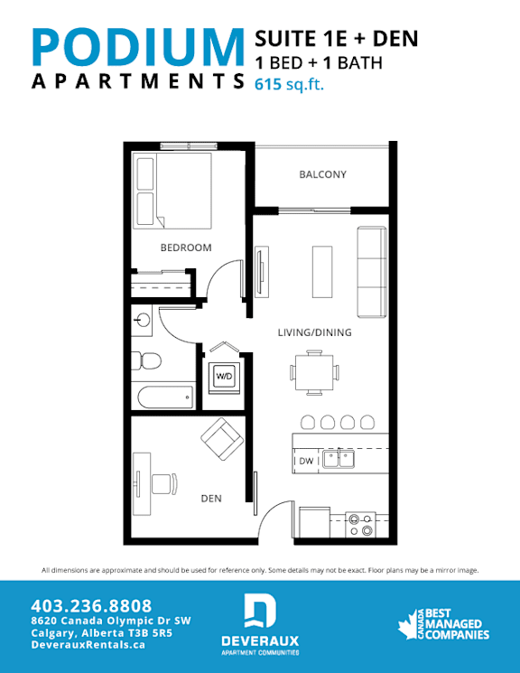 Suite 1E + DEN Floor Plan at Podium Apartments, Calgary, AB, T2E 7J2