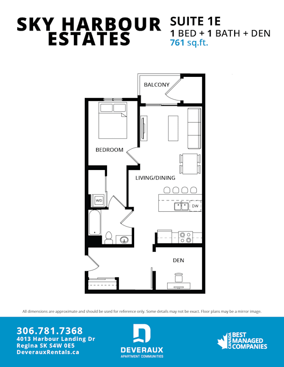 A floor plan for the Sky Harbour Estates Suite 1E, which includes 1 bed, 1 bath, and den, totalling 761 square feet.
