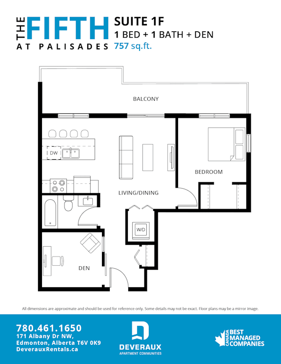 A floor plan for a suite at the Palisades showing a bedroom, living/dining area, and den.