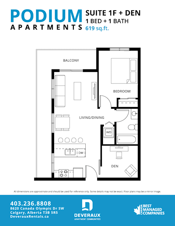 Suite 1F + DEN Floor Plan at Podium Apartments, Calgary