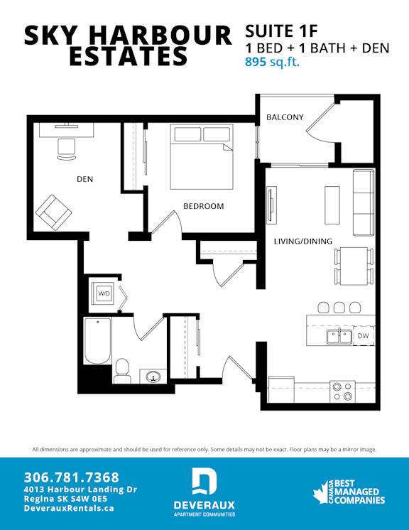 A floor plan for the Sky Harbour Estates Suite 1F, which includes 1 bedroom, 1 bathroom, and a den, spans 895 square feet.