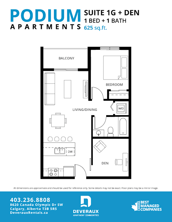 Suite 1G + DEN Floor Plan at Podium Apartments, Alberta, T2E 7J2