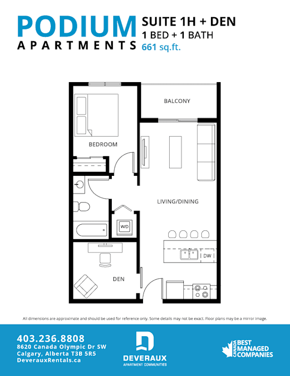 Suite 1H + DEN Floor Plan at Podium Apartments, Calgary, Alberta