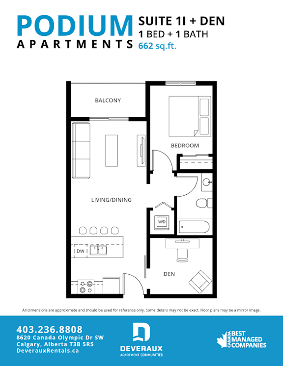 Suite 1I + DEN Floor Plan at Podium Apartments, Calgary, T2E 7J2