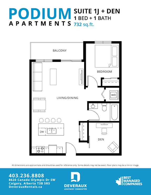 Suite 1J + DEN Floor Plan at Podium Apartments, Calgary, Alberta
