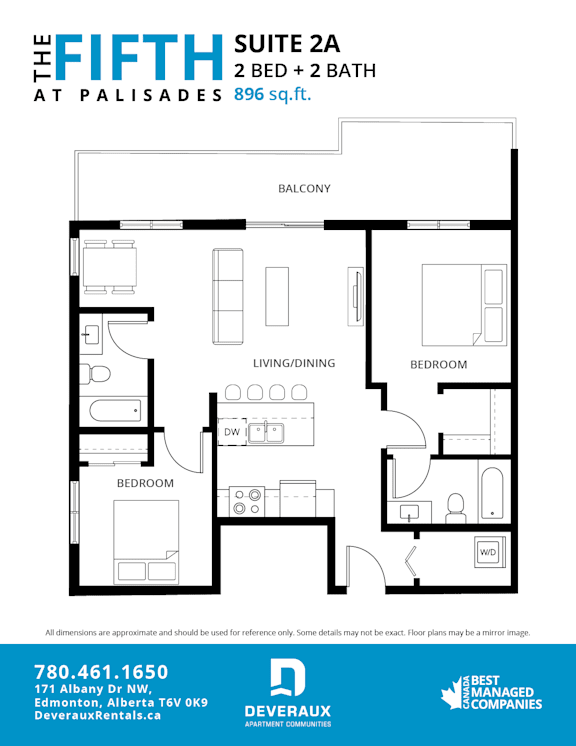 A floor plan for a suite at Palisades shows two bedrooms and two bathrooms.