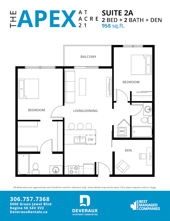 A floor plan for a 2 bedroom, 2 bathroom apartment.