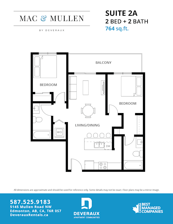 A black and white floor plan for a 2 bedroom and 2 bath suite.