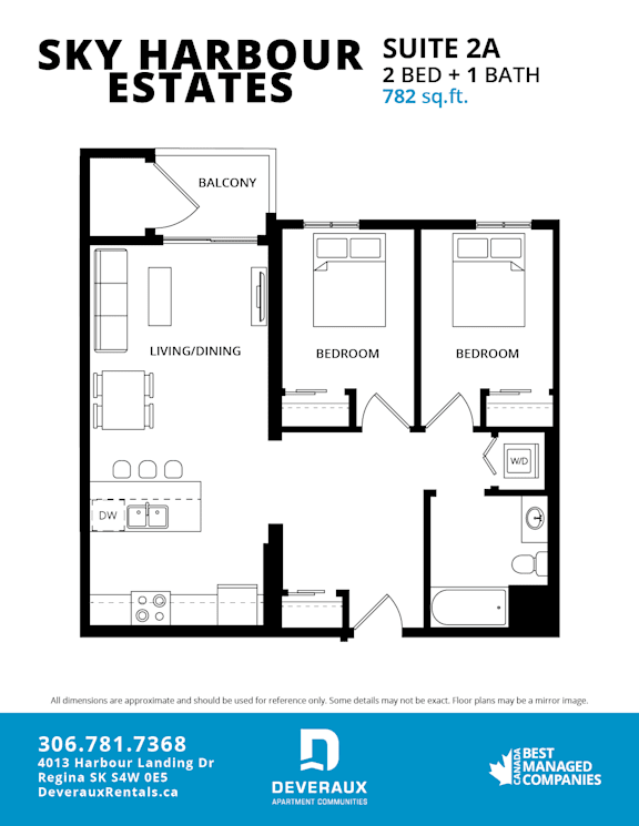 A black and white image of a floor plan for the Sky Harbour Estates Suite 2A, a 2 bedroom, 1 bathroom unit with a total area of 782 sq.ft.