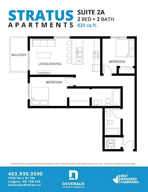 A floor plan for a suite with two bedrooms and two bathrooms.