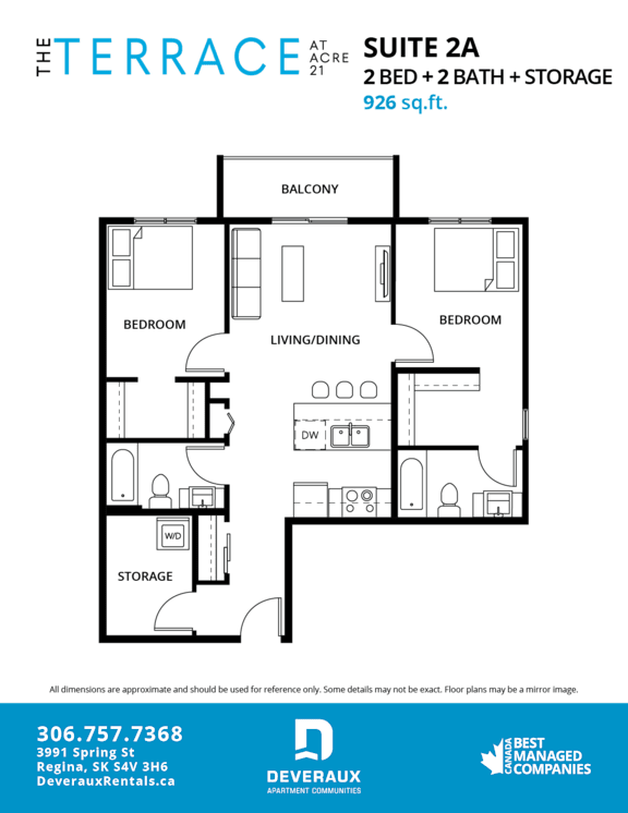 A floor plan for a suite with two bedrooms, a living/dining area, a balcony, and storage space.