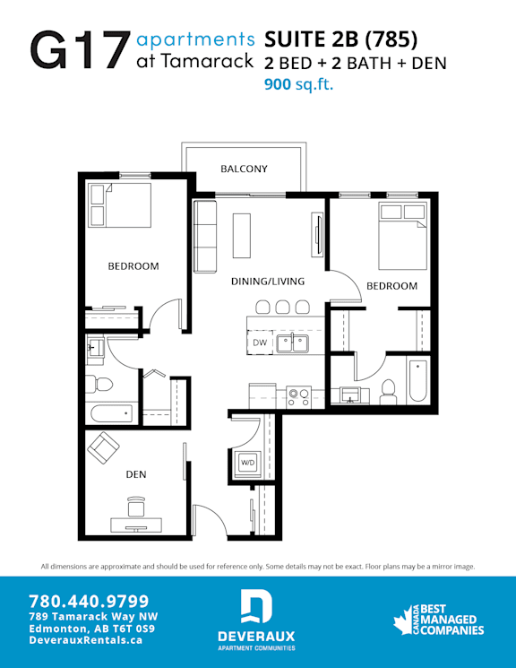 2 Bedroom 2 Bath Den Floor Plan at G17 Apartments at Tamarack, Edmonton, AB