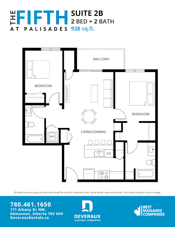 A floor plan for a suite at the Palisades showing two bedrooms and two bathrooms.
