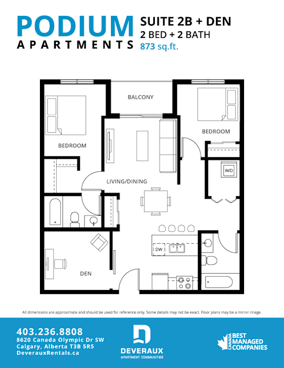 Suite 2B + DEN Floor Plan at Podium Apartments, Calgary, T2E 7J2