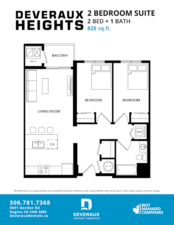 A black and white floor plan of a 2 bedroom suite.
