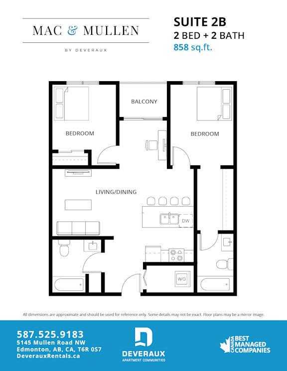 A floor plan for a 2 bedroom and 2 bathroom suite.