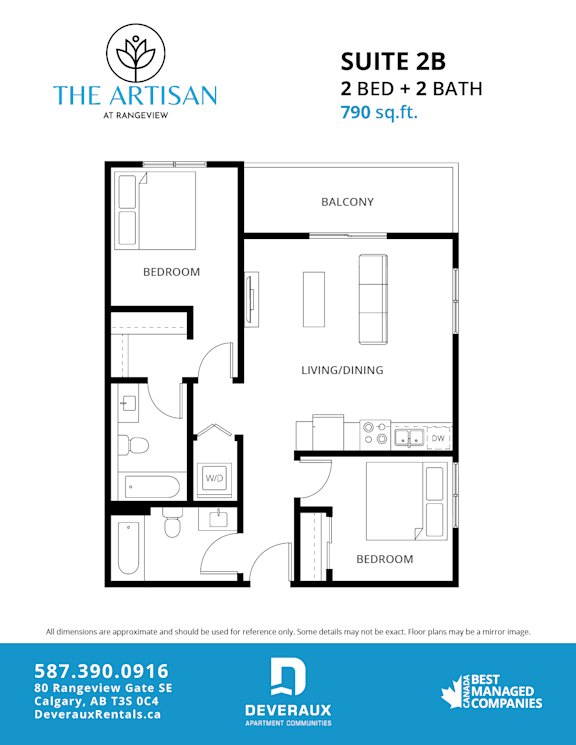 A floor plan for a 2 bedroom, 2 bathroom suite at The Artisan at Rangeview.