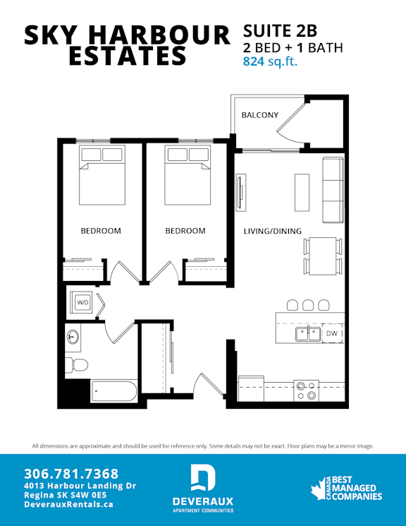 A floor plan for the Sky Harbour Estates Suite 2B, a 2 bedroom, 1 bathroom unit, is displayed.