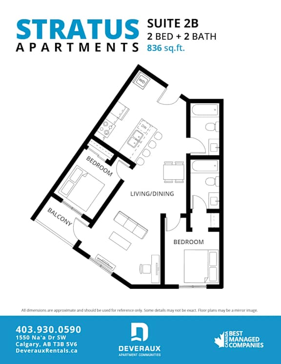 A floor plan for a suite with two bedrooms and two bathrooms at Stratus Apartments.