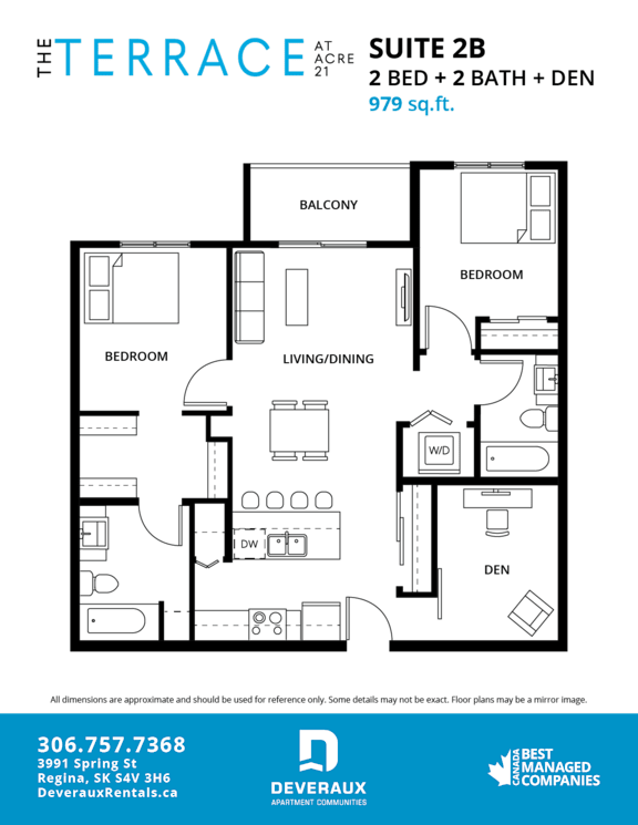 A floor plan for a suite with two bedrooms, two bathrooms, and a den.