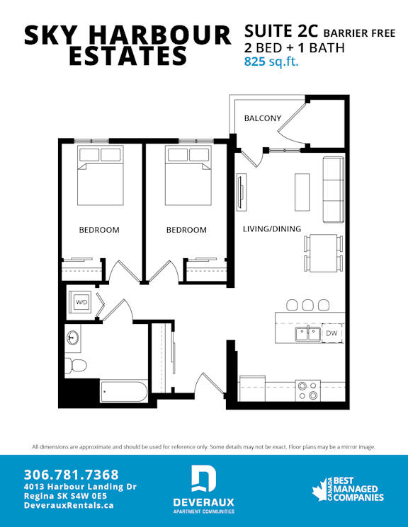 A floor plan for the Sky Harbour Estates, a suite with 2 bedrooms and 1 bathroom, is displayed.