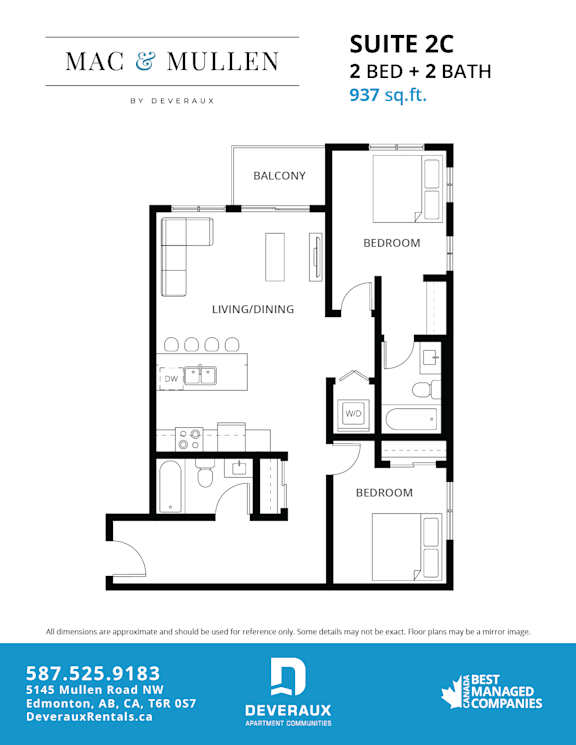 A floor plan for a 2 bedroom and 2 bath suite.