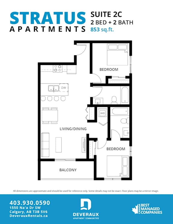 A floor plan for a suite apartment with two bedrooms and two bathrooms.