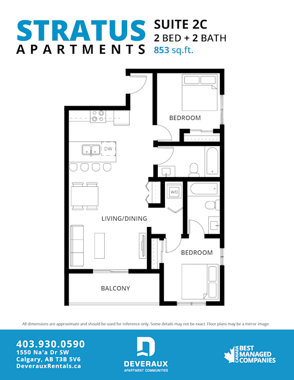 A floor plan for a suite with two bedrooms and two bathrooms at Stratus Apartments.