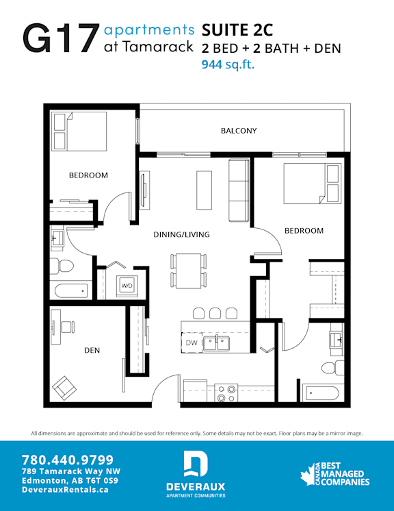 2 Bedroom 2 Bath Floor Plan at G17 Apartments at Tamarack, Edmonton
