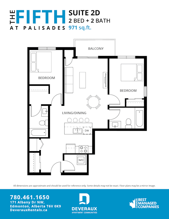A floor plan for a suite at the Palisades showing two bedrooms, a living/dining area, and a balcony.