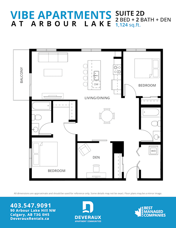 A floor plan for a 2 bedroom apartment at Arbour Lake.