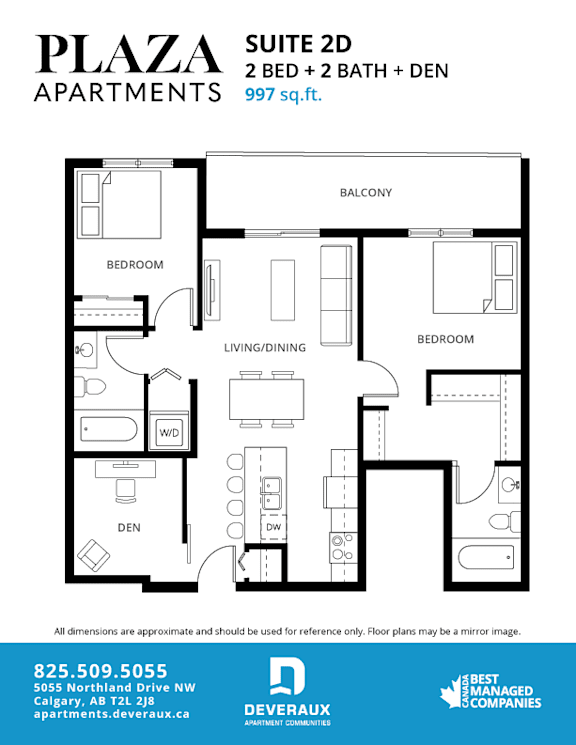 2 bed two bathroom 2D floorplan with balcony at Plaza Apartments, Calgary, T2L 2M8